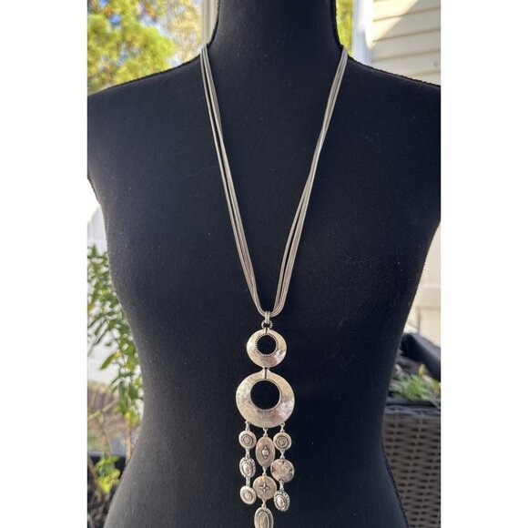 Chicos Silver Tone 20" Long Rope Chain Pendant Charms Statement Necklace NEW - Picture 1 of 16
